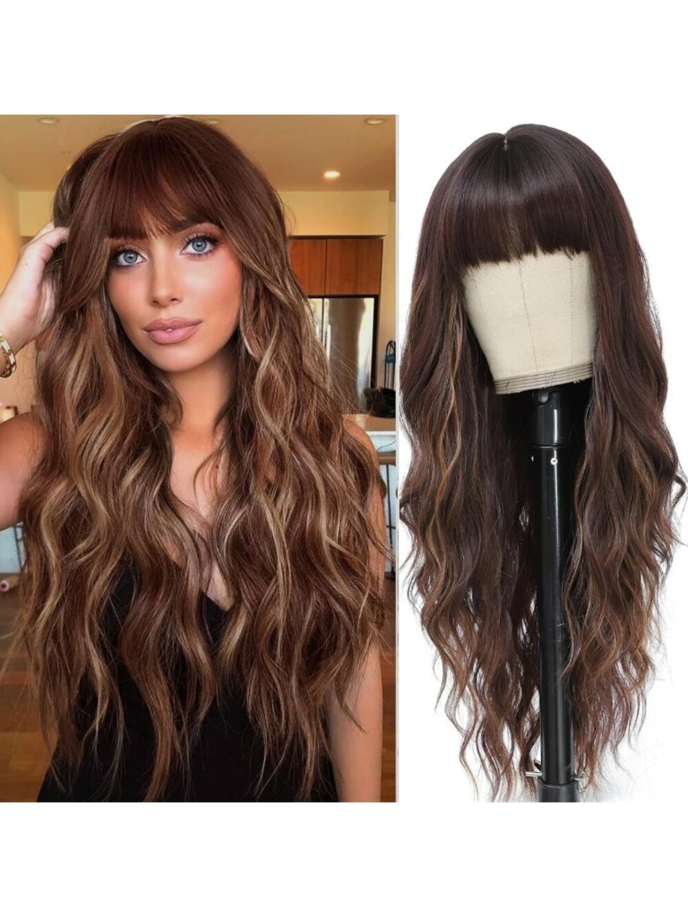 Long Wavy Brown Blonde Highlighted Wig with Bangs - 26 Inch Heat Resistant